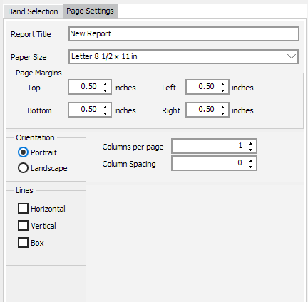 Page Settings tab showing options such as Report Title, Paper Size, Page Margins, and Orientation.